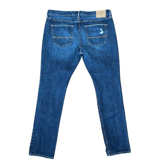 Abercrombie & Fitch Men’s 38x32 The Skinny Jean Dark Wash Distressed Button Fly - Picture 2 of 14